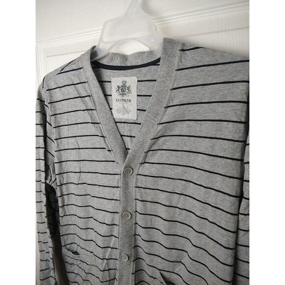 Express Men's V Button Front Striped Long Sleeve Sweater. Size L - Picture 3 of 9